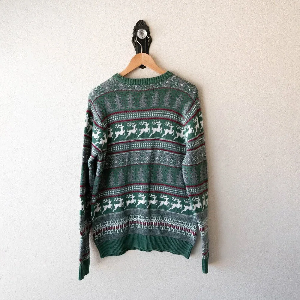 Aspen Men’s Fair Isle Sweater M Green Reindeer Christmas Holiday 100% Cotton